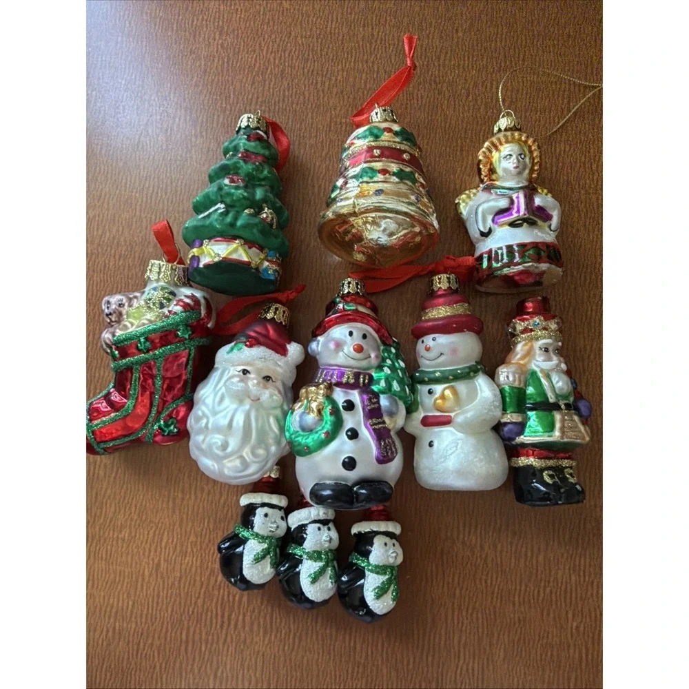 Vintage Snowman, Santa,‎ Stocking, Penguins Hand Blown Glass Ornaments Set Of 11